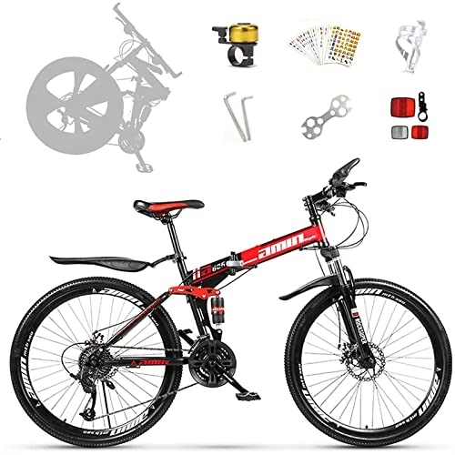 Folding Bike : LapooH Folding Mountain Bike Bicycle 26 Inch Adult with 21 / 24 / 27 / 30 Speed Dual Disc Brakes Full Suspension Non-Slip Men Women Outdoor Cycling, Red, 30 speed