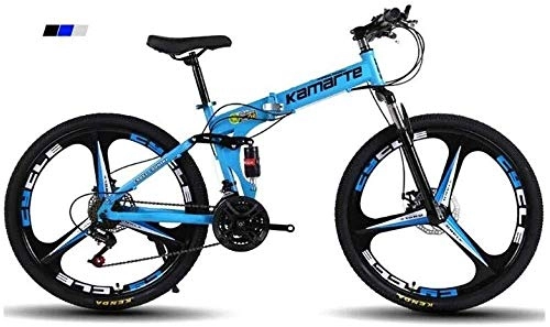 Folding Bike : LBWT 24" Inch 3-Spoke Wheels Mountain Bike, Mens' Folding Bicycle, High-Carbon Steel Frame, 21 / 24 / 27 / 30 Speed, Dual Suspension, With Disc Brakes (Color : Blue, Size : 21 Speed)