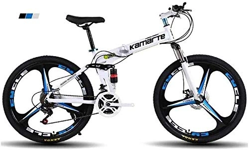 Folding Bike : LBWT 24" Inch 3-Spoke Wheels Mountain Bike, Mens' Folding Bicycle, High-Carbon Steel Frame, 21 / 24 / 27 / 30 Speed, Dual Suspension, With Disc Brakes (Color : White, Size : 21 Speed)