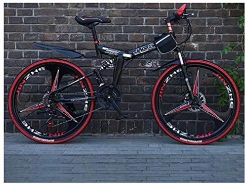 Folding Bike : LBWT Portable Mountain Bike, Folding Bicycle, Dual Suspension, High-Carbon Steel, 24 Inch / 26 Inch, 21 / 24 / 27 Speed, Integral Wheel, Double Disc Brake, Gifts (Color : Black, Size : 27 Speed)