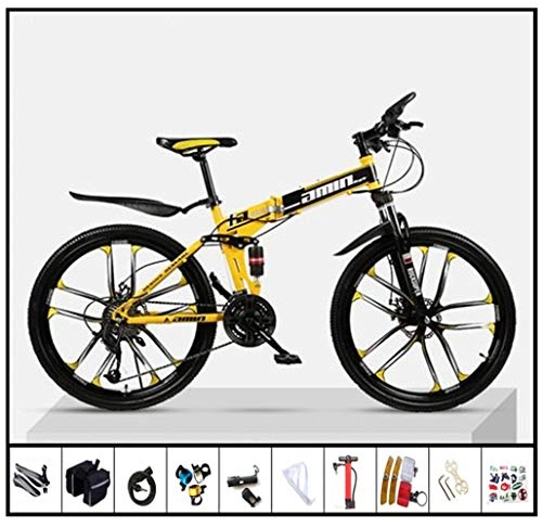 Folding Bike : LCAZR Folding Bike, Mountain Bicycle, Folding Speed Mountain Bike, Adult Car Student Folding Car Men And Women Folding Speed Bicycle Damping Bicycle, High-Carbon Steel Soft Tail Bike / Yellow