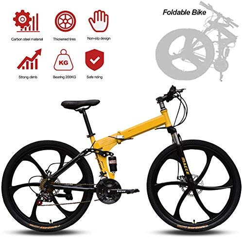 Folding Bike : Legou Mountain Bike, 26 Inch Folding Bike with Super Lightweight Magnesium Alloy Integrated Wheel, Premium Full Suspension And Speed Gear, Lightweight And Durable for Men Women Bike / Yellow