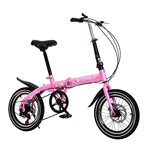 Folding Bike : LHQ-HQ Adult Folding Bike 16-Inch Folding Bike Compact 6-Speed City Bike Mountain Bike Simple Folding Bike for Men And Women Teenagers-Pink