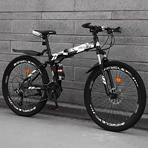 Folding Bike : LHQ-HQ Mountain Folding Cross-Country Bike 24 Inch Double Shock Absorbing One Wheel Male And Female Students Variable Speed Light Bike-White