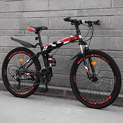 Folding Bike : LHQ-HQ Mountain Folding Cross-Country Bike 26 Inch Double Shock Absorbing One Wheel Male And Female Students Variable Speed Light Bike-Red