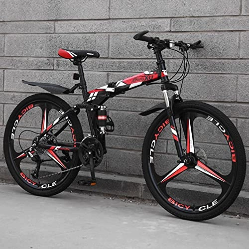 Folding Bike : LHQ-HQ Mountain Folding Three Knife Wheel Bicycle 26 Inch Double Shock Single Wheel Variable Speed Lightweight Bicycle for Male And Female Students-Red