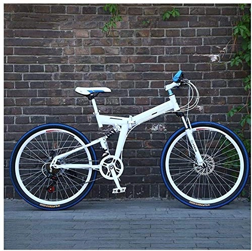 Folding Bike : LHQ-HQ Outdoor sports 26 Inch Mountain Bike, High Carbon Steel Folding Frame, Dual Suspensions, 27 Speed, with Double Disc Brake, Unisex Outdoor sports Mountain Bike (Color : White)