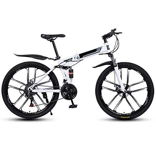Folding Bike : LHQ-HQ Outdoor sports Folding Bike 27 Speed Mountain Bike 26 Inches OffRoad Wheels Dual Suspension Bicycle And Double Disc Brake Outdoor sports Mountain Bike (Color : White)