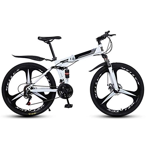 Folding Bike : LHQ-HQ Outdoor sports Folding Mountain Bike 21 Speed Full Suspension Double Disc Brake Bicycle 26" Mens High Carbon Steel Frames Outdoor sports Mountain Bike (Color : White)