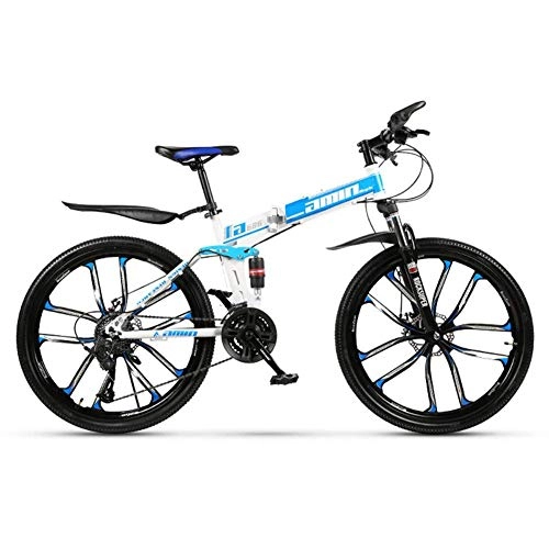 Folding Bike : LHQ-HQ Outdoor sports Mountain Bike 21 Speed Folding Bike 26 Inches 10Spoke Wheels Suspension Bicycle Outdoor sports Mountain Bike (Color : Blue)
