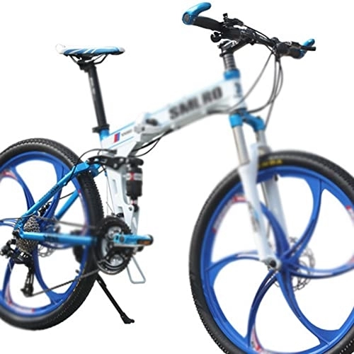 Folding Bike : LIANAIzxc Bikes 26 Inch Folding Bicycle 3x9 Speed Mountain Bike with Full Suspension (Color : White Blue, Size : 27_26*17(165-175CM))