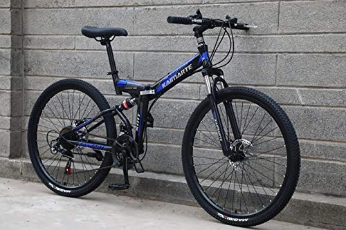 Folding Bike : LIANG 21-speed folding mountain bike 24 inch and 26 inch double disc brake bicycle bicycle folding mountain bike, black blue F, 26inch