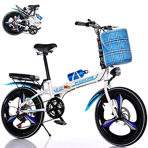 Folding Bike : LICHUXIN 20-Inch 7-Speed Folding Bike, Lightweight Adult And Young City Bicycle with Front And Rear Dual Disc Brakes Integrated Wheels, with Lights And Basket, D