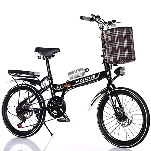 Folding Bike : LICHUXIN 20-Inch Variable Speed Folding Bicycle, 7-Speed Adult And Youth Urban Commuter Bicycle Front And Rear Dual Disc Brakes, with Lights And Basket, Light And Easy To Fold, 03