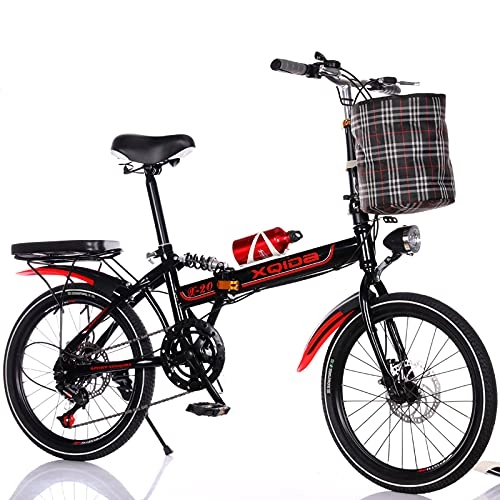 Folding Bike : LICHUXIN 7-Speed Folding Bike 20 Inch, Adult And Youth Variable Speed Urban Commuter Bicycle Front And Rear Dual Disc Brakes Shock Absorption Bicycle with Lights Basket, A