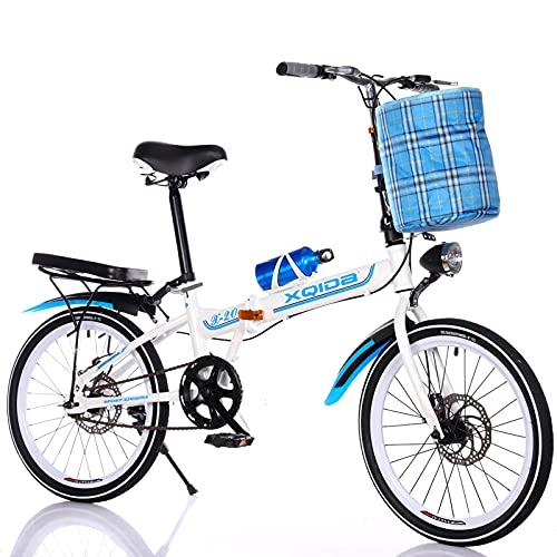 Folding Bike : LICHUXIN Folding Bike 20 Inch, Lightweight Adult And Youth Single-Speed City Commuter Bicycle Front And Rear Double Disc Brake Bicycle with Lights Basket, 04