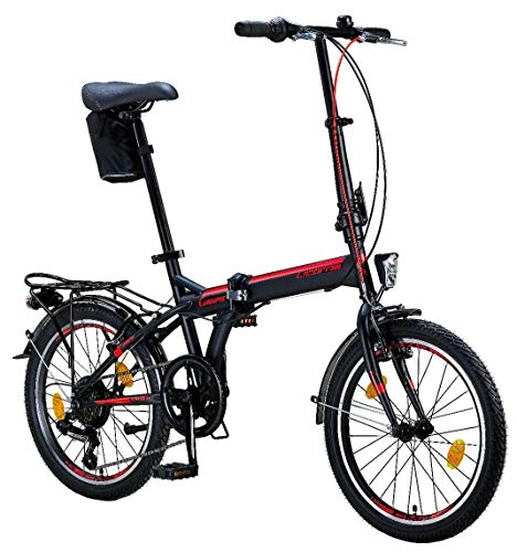 Folding Bike : Licorne Bike Conseres, 20 inch folding bike - folding bike for men and women - 20 inch folding bike with 6 speed Shimano derailleur gears - folding city bike, cover, black / red