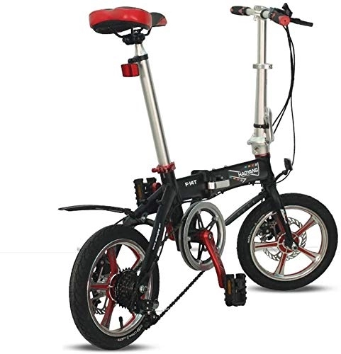 Folding Bike : Light Weight Folding Bike, 14 Inch 6 Speed Double Disc Brake Foldable Bicycle, Adults Men Women Mini Reinforced Frame Commuter Bike (Color : Black)