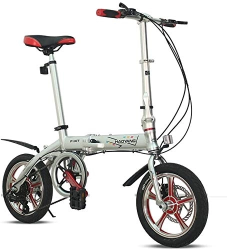 Folding Bike : Light Weight Folding Bike, 14 inch 6 Speed Double Disc Brake Foldable Bicycle, Adults Men Women Mini Reinforced Frame Commuter Bike, (Color : Silver)