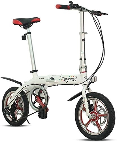 Folding Bike : Light Weight Folding Bike, 14 inch 6 Speed Double Disc Brake Foldable Bicycle, Adults Men Women Mini Reinforced Frame Commuter Bike, (Color : White)