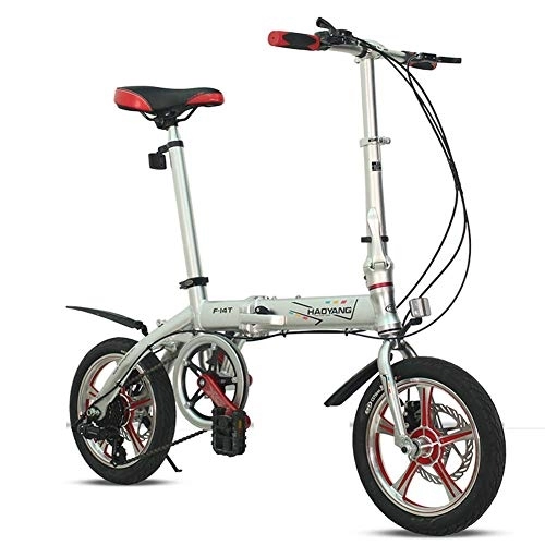 Folding Bike : Light Weight Folding Bike, 14 inch 6 Speed Double Disc Brake Foldable Bicycle, Adults Men Women Mini Reinforced Frame Commuter Bike, Silver FDWFN (Color : Silver)