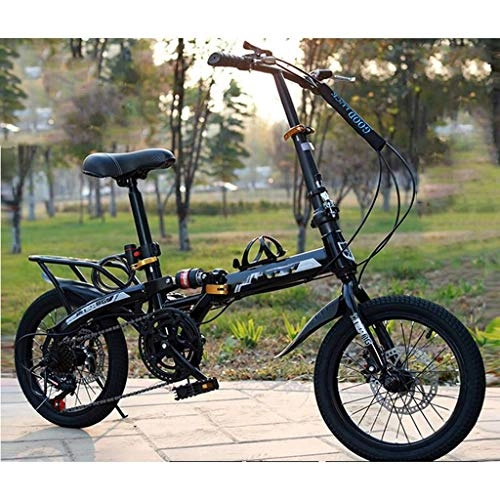Folding Bike : Lightweight 16 / 20Inch Folding Bike, 7 Speed bicycle Dual Disc Brakes Full Suspension Adjustable Seat & Handlebar City Bike, With Fenders For Men & Women-black-16inch