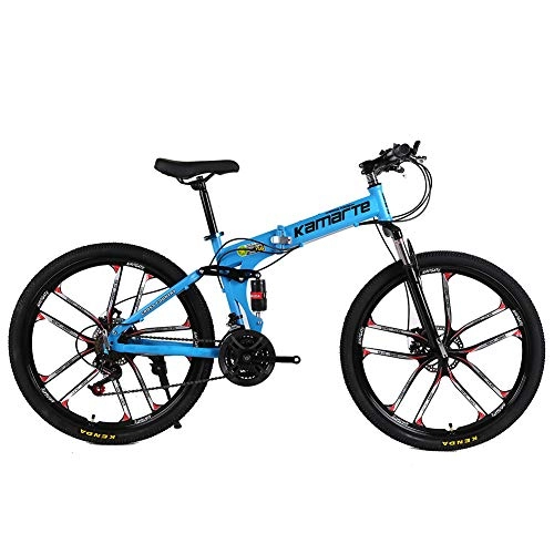 Folding Bike : Liu Folding Mountain Bike 21 / 24 / 27 Speed 24 / 26 inch Bicycle with Double Disc Brakes and Double Suspension for Adult, Blue, 24 inch27 speed