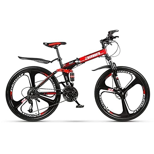 Folding Bike : LIUXR 26 inch Folding Mountain Bike, 21 / 24 / 27 Speed Full Suspension MTB Bicycle for Adult, Double Disc Brake Outroad Mountain Bicycle for Man / Woman / Teenager, Red_27 Speed