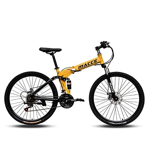 Folding Bike : LIUXR 26 inch Folding Mountain Bike, 21 / 24 / 27 Speed Full Suspension MTB Bicycle for Adult, Double Disc Brake Outroad Mountain Bicycle for Man / Woman / Teenager, Yellow_21 Speed