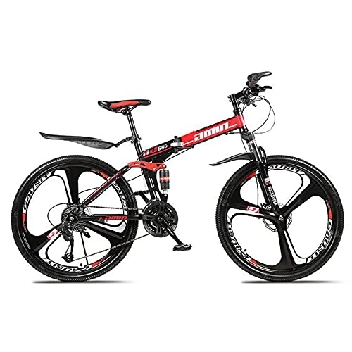 Folding Bike : LIUXR Folding Mountain Bikes, 21-27 Speed Double Disc Brake, Full Suspension 26 Inches Anti-Slip Bicycle, for Man / Woman / Teenager, Red_24 Speed