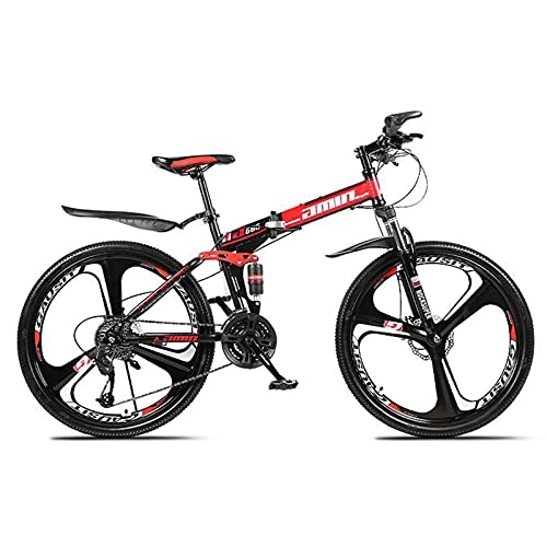 Folding Bike : LIUXR Folding Mountain Bikes, 21-27 Speed Double Disc Brake, Full Suspension 26 Inches Anti-Slip Bicycle, for Man / Woman / Teenager, Red_27 Speed