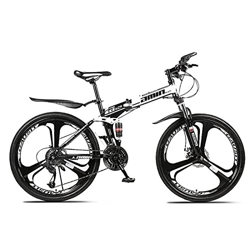 Folding Bike : LIUXR Folding Mountain Bikes, 21-27 Speed Double Disc Brake, Full Suspension 26 Inches Anti-Slip Bicycle, for Man / Woman / Teenager, White_27 Speed