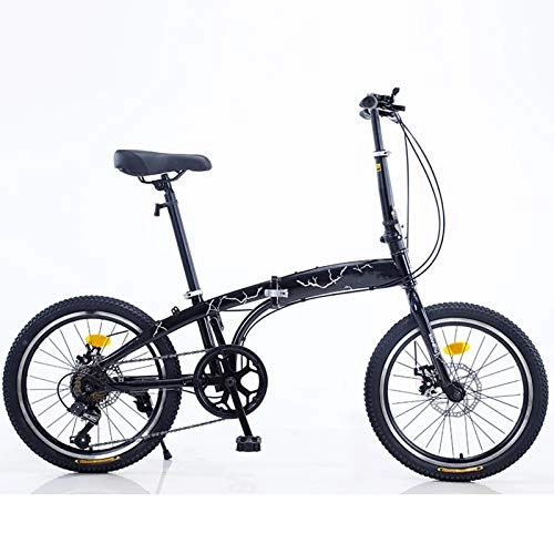 Folding Bike : LIZONGFQ 7-Speed Folding Bike Adult 20-Inch Youth Double Disc Brake Portable Mini Bike Foldable Road Bike Student, Black