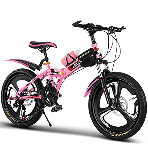 Folding Bike : LLF 20 / 22 / 24inch Mountain Bike, Folding Bike Double Disc Brake Suspension Fork Rear Suspension Anti-Slip Bicycles for Adult Student Outdoors Sport(Size:22 inch, Color:Pink)