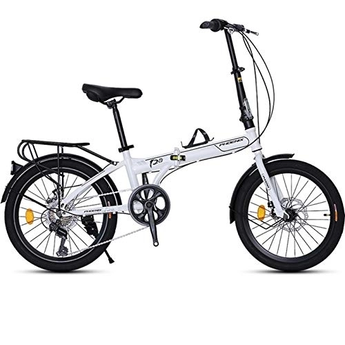 Folding Bike : LLF Folding Bike 20 Inch Lightweight Mini Compact City Bicycle with 7 Speed Derailleur System and High Carbon Steel Frame Adjustable Folding Bike (Color : White, Size : 20in)