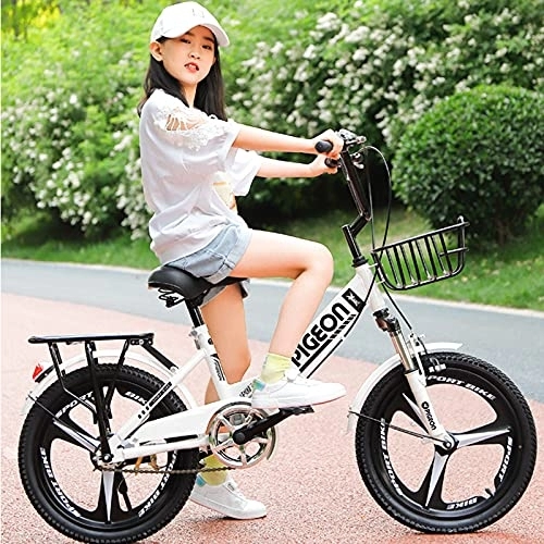 Folding Bike : LLF Folding Bike for Adult Men Women, Mini Compact Foldable Bicycle for Student Office Worker Urban, High Tensile Steel Folding Frame with Back Seat and Basket(Size:20inch, Color:White)