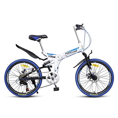 Folding Bike : LLF Folding Mountain Bike 7 Speed 22 Inch Wheel Double Disc Brake Full Suspension Anti-Slip MTB for Adult Teens Student (Color : Blue, Size : 22in)