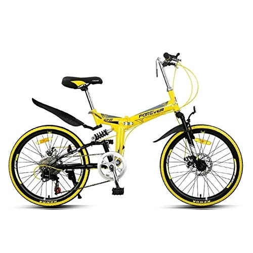 Folding Bike : LLF Folding Mountain Bike 7 Speed 22 Inch Wheel Double Disc Brake Full Suspension Anti-Slip MTB for Adult Teens Student (Color : Yellow, Size : 22in)