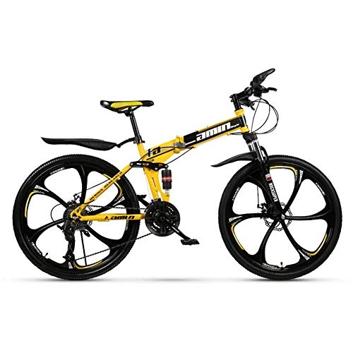 Folding Bike : Llpeng 26-Inch 21 / 27-Speed Folding Mountain Off-Road Bike, 8-Second Quick Fold, Double-Shock 6-Cutter Bike, Front And Rear Double Disc Brakes (Color : Yellow, Size : 21)