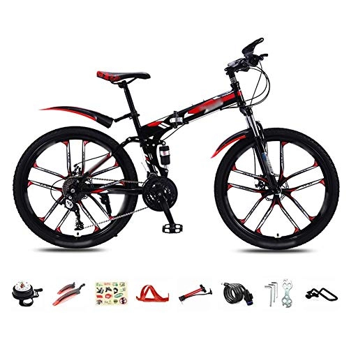 Folding Bike : Llpeng Foldable Bicycle 26 Inch, 30-Speed Folding Mountain Bike, Unisex Lightweight Commuter Bike, MTB Full Suspension Bicycle with Double Disc Brake (Color : Red, Size : A wheel)