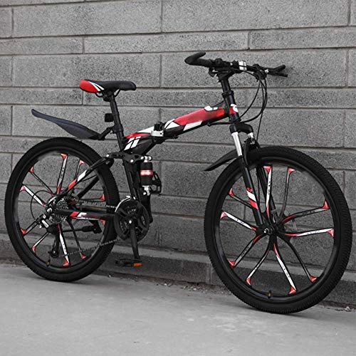 Folding Bike : Llpeng Mountain Bike Folding Bikes, 27-Speed Double Disc Brake Full Suspension Bicycle, 26 Inch Off-Road Variable Speed Bikes for Men And Women (Color : Red)