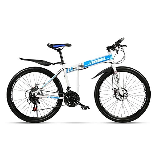Folding Bike : LQLD Carbon Steel Mountain Bike, 21-Speed Folding Bicycles Fold at Any Time Save Space Full Suspension Mountain Bicycle Double Disc Brake System, Blue, 26 inches