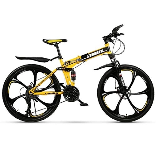 Folding Bike : LSCC Adult Mountain Bike, 26 inch Wheels, Mountain Trail Bike High Carbon Steel Outroad Folding Bicycles, 21-Speed Bicycle Full Suspension MTB ​​Gears Dual Disc Brakes Mountain Bicycle, Yellow