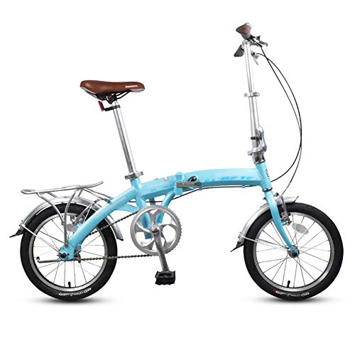 Folding Bike : LYRONG 16 Inch Folding Bike, Single Speed Lightweight Aluminum Frame Foldable Compact Bicycle with Rack and Fenders for Adults, Blue