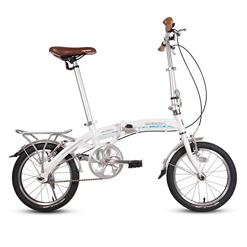 Folding Bike : LYRONG 16 Inch Folding Bike, Single Speed Lightweight Aluminum Frame Foldable Compact Bicycle with Rack and Fenders for Adults, White