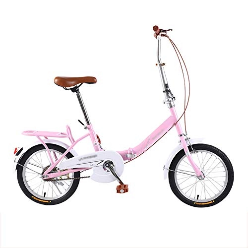 Folding Bike : LYRONG 16 Inch Folding Bike, Single Speed Low Step-Through Steel Frame Foldable Compact Bicycle with Rack Comfort Saddle Urban Riding and Commuting, Pink