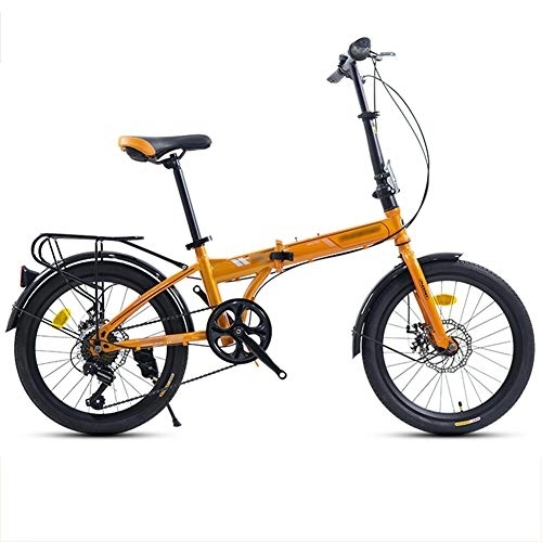 Folding Bike : LYRONG 20 Inch Folding Bike, 7 Speed Low Step-Through Steel Frame Foldable Compact Bicycle with Comfort Saddle and Rack for Adults, Orange