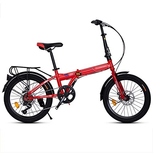 Folding Bike : LYRONG 20 Inch Folding Bike, 7 Speed Low Step-Through Steel Frame Foldable Compact Bicycle with Comfort Saddle and Rack for Adults, Red