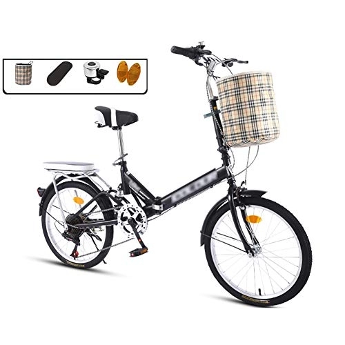Folding Bike : LYRONG 20 Inch Folding Bike, 7 Speed Low Step-Through Steel Frame Foldable Compact Bicycle with Comfort Saddle Carrying Bag and Rack, Black-A