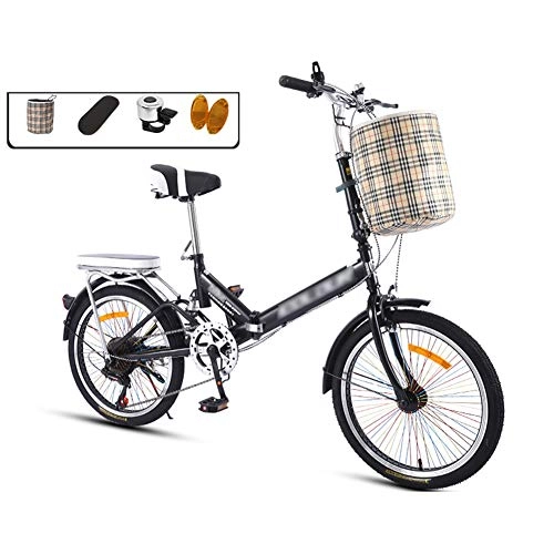 Folding Bike : LYRONG 20 Inch Folding Bike, 7 Speed Low Step-Through Steel Frame Foldable Compact Bicycle with Comfort Saddle Carrying Bag and Rack, Black-B